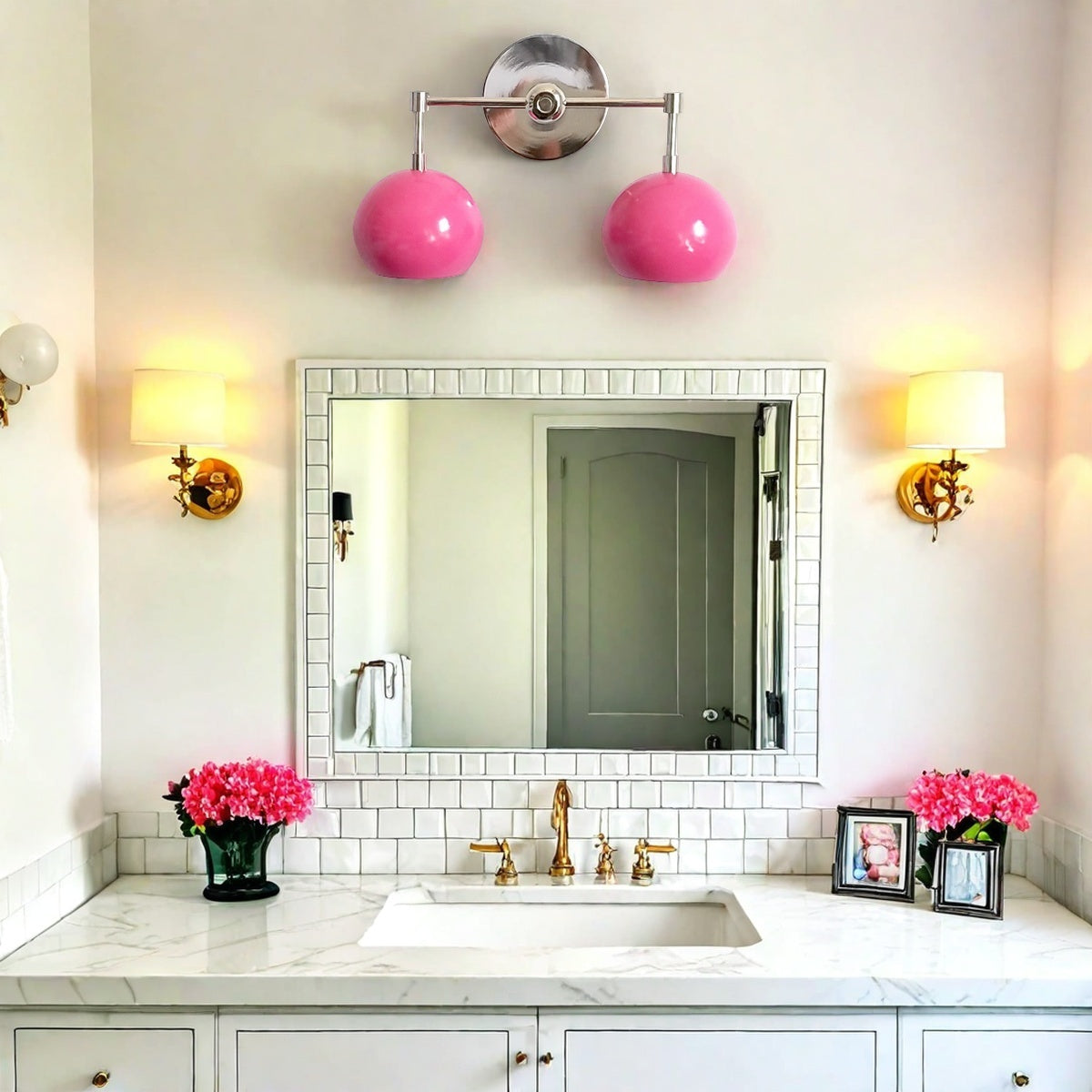 Doll Pink Wall Sconce - Double Head Globe-shaped Bath Wall Light