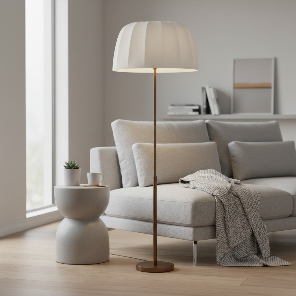 Vellaro Brass Floor Lamp with Fabric Shade – Modern Standing Light for Living Room or Bedroom