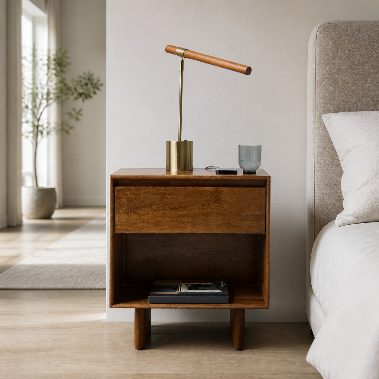 Moss Modern Linear Wood LED Table Lamp – Adjustable Swivel, USB Charging