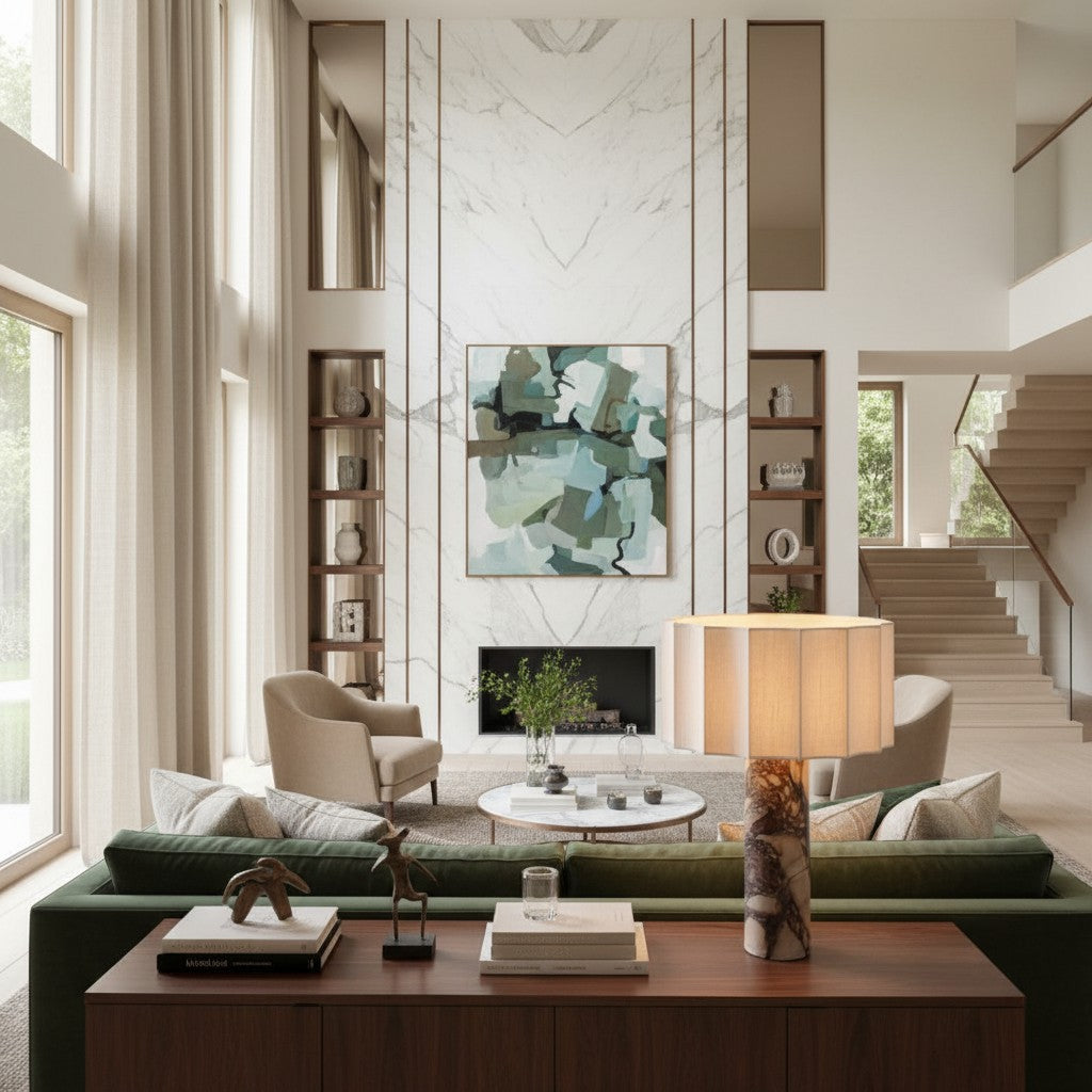 Cavilon Table Lamp with Fan-Shaped Linen Shade - Stone Finishes Suitable for Living Rooms