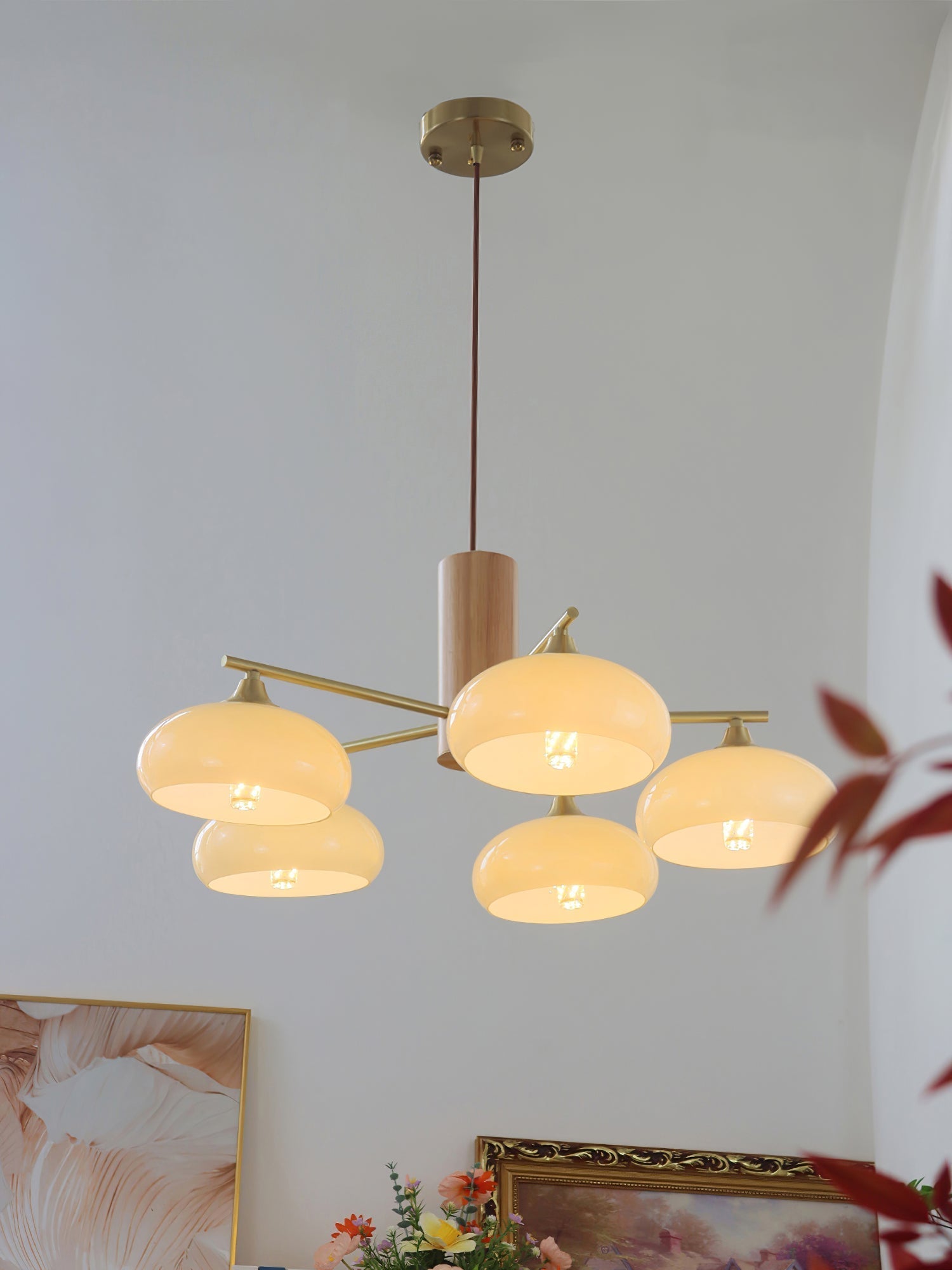 Bowl Shaped Multi - Head Chandelier With Wooden Decoration