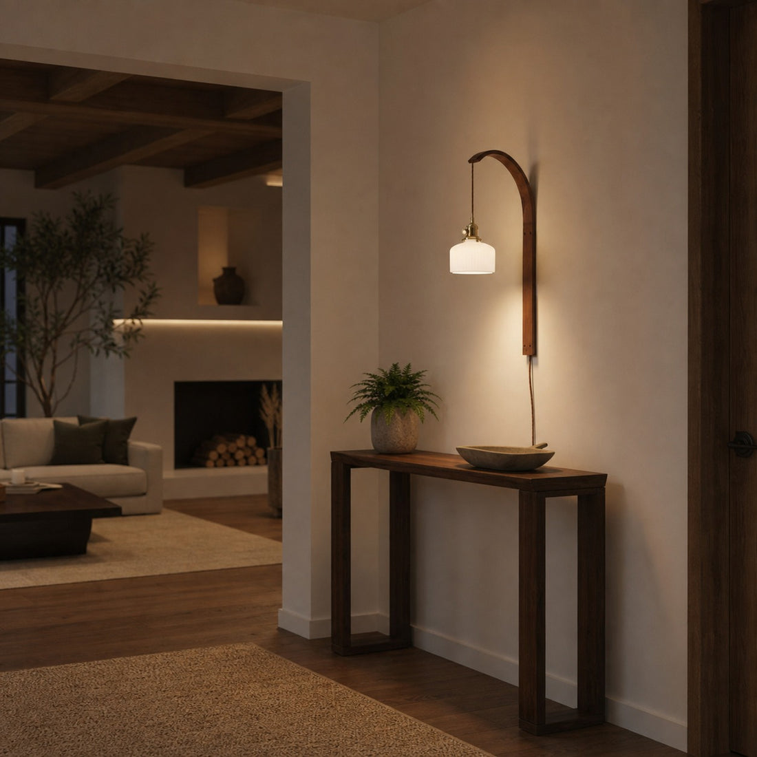 Curved Walnut Ceramic Plug-in Wall Light