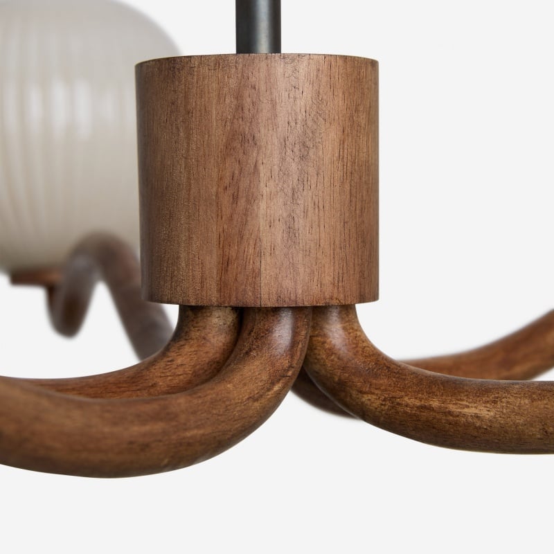 Shella Contemporary Five‑Globe Chandelier – Wood Metal Glass Pendant Lighting for Bedroom or Dining