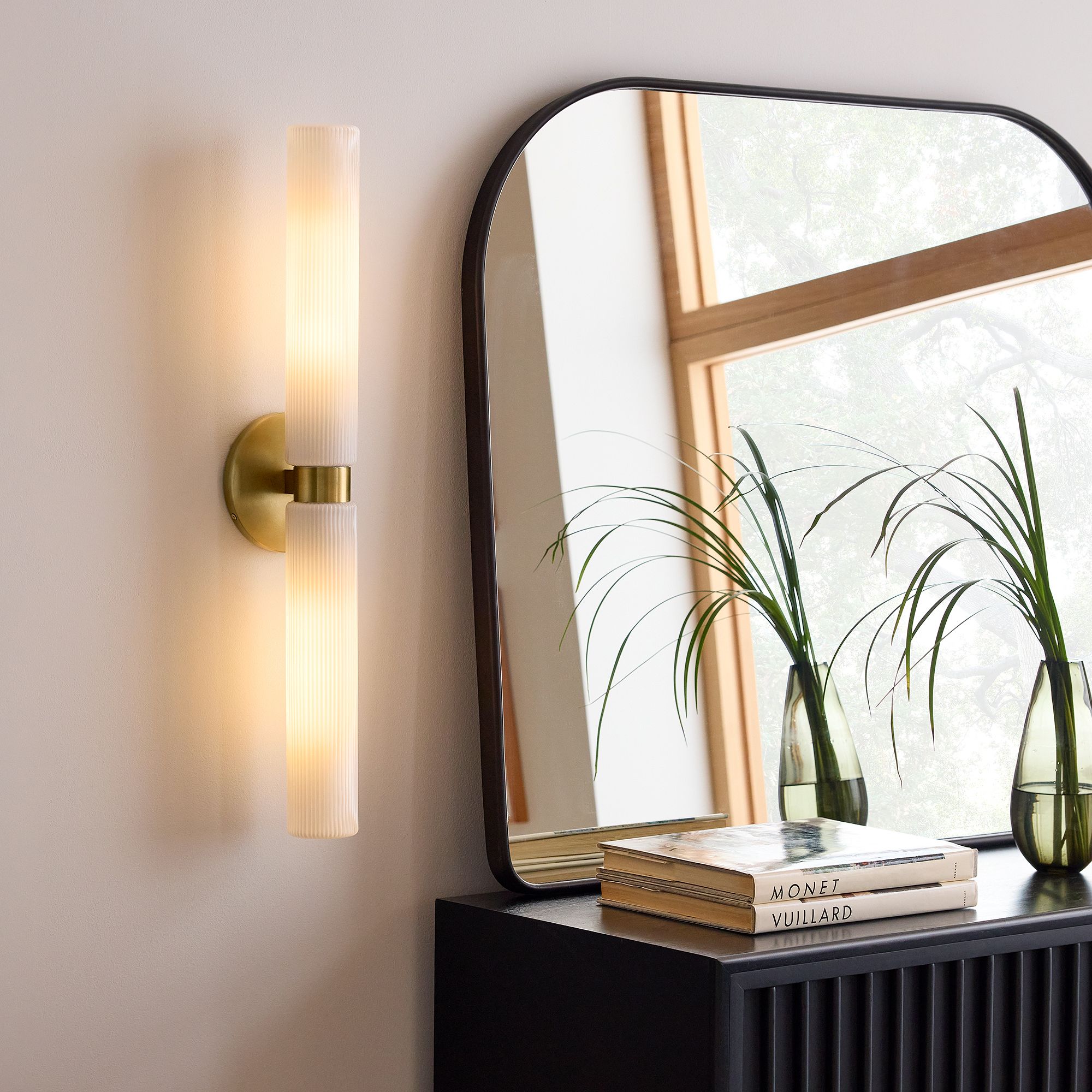 Rivora Modern Fluted Glass Wall Light - Double Short Indoor Outdoor Sconce