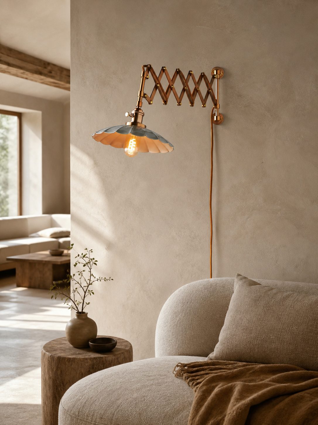 Furium Scalloped Accordian Plug-In Sconce - Brass Wall Light Elegance