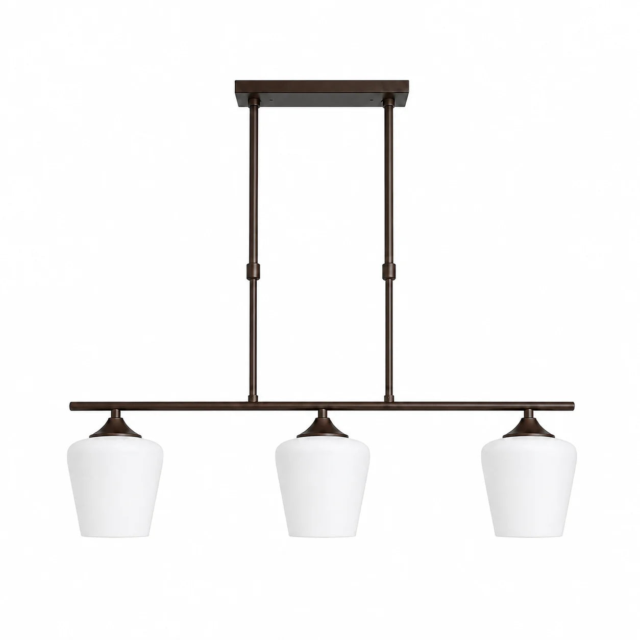 Strellux Coffee Brown linear chandelier with three white opal glass shades