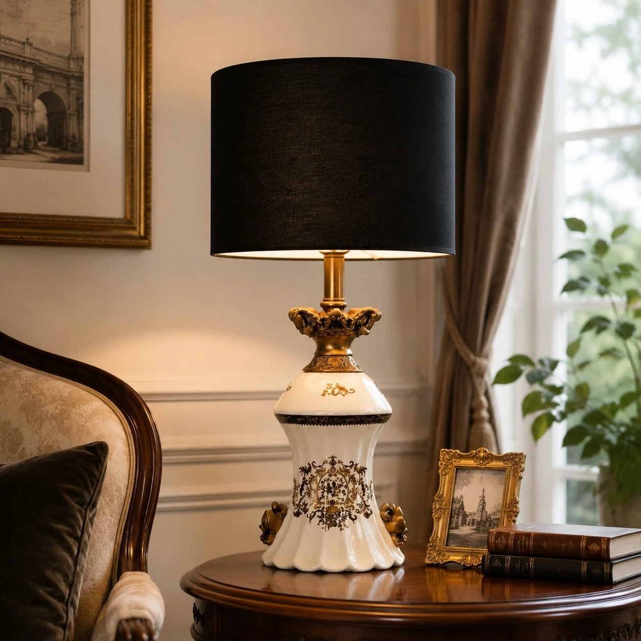 Gold motif table lamp styled beside an upholstered chair