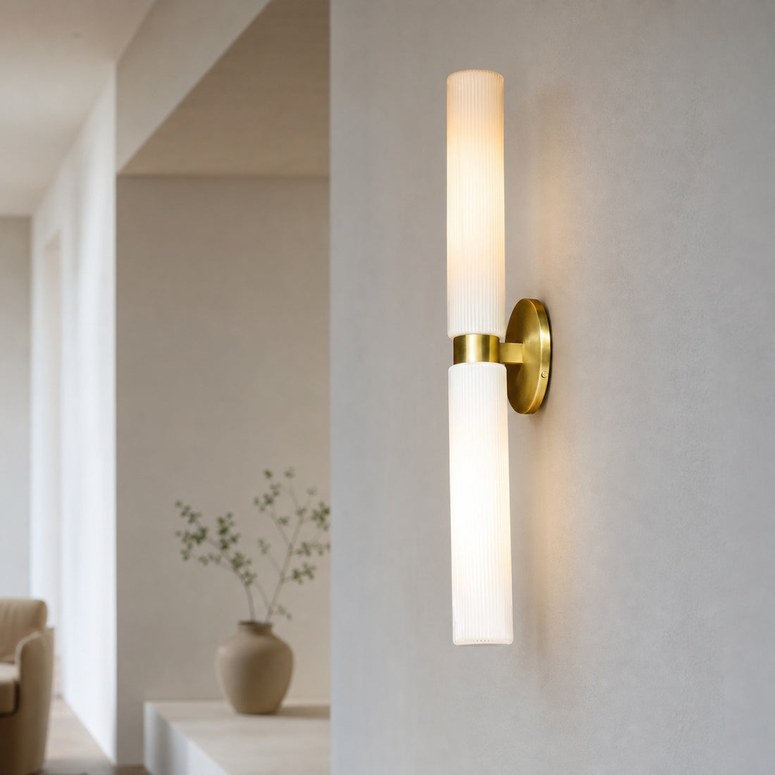 Rivora Modern Fluted Glass Wall Light - Double Short Indoor Outdoor Sconce