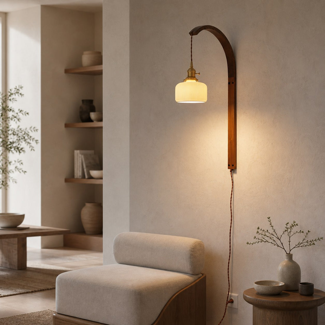 Curved Walnut Ceramic Plug-in Wall Light