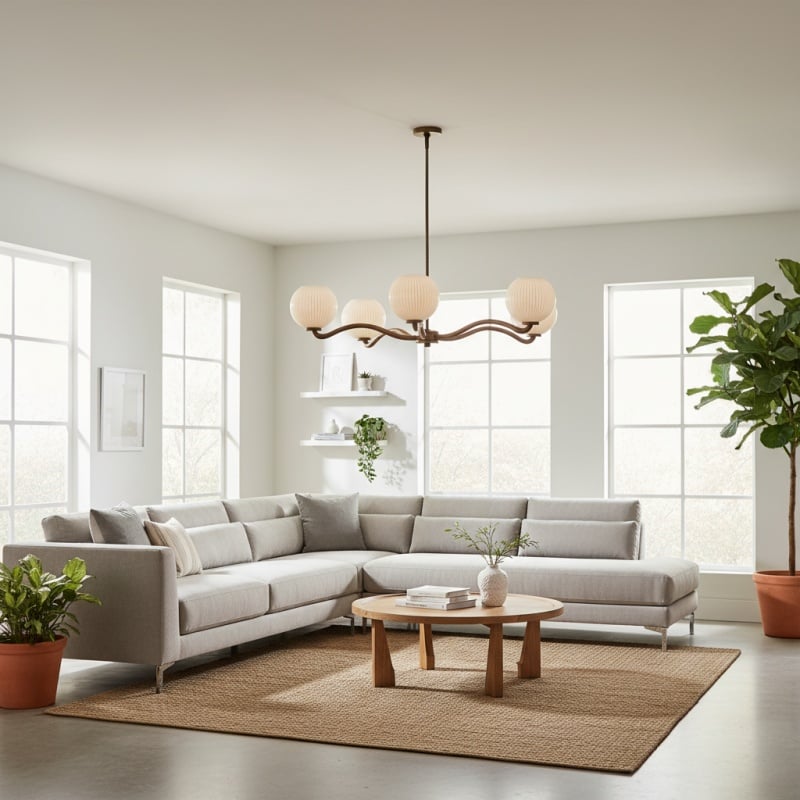 Shella Contemporary Five‑Globe Chandelier – Wood Metal Glass Pendant Lighting for Bedroom or Dining