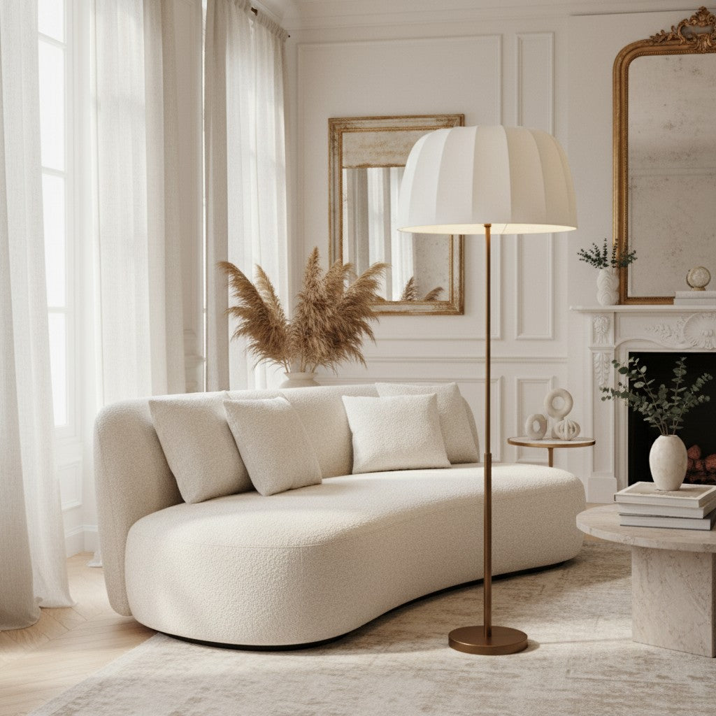 Vellaro Brass Floor Lamp with Fabric Shade – Modern Standing Light for Living Room or Bedroom