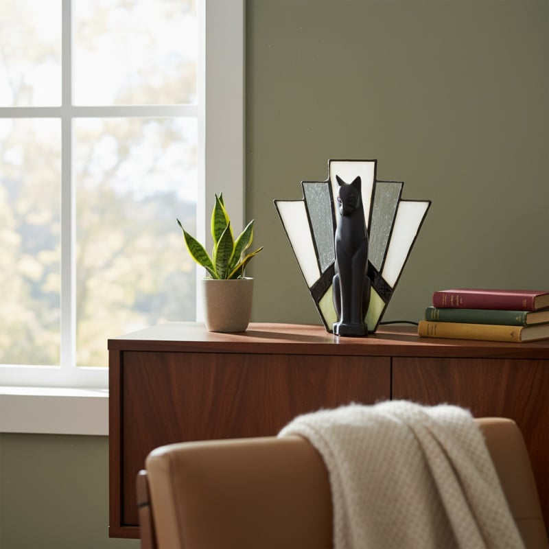TF Felix Table Lamp – Art Deco Design with Glass Shade and Cat Figurine for Living Room or Bedroom