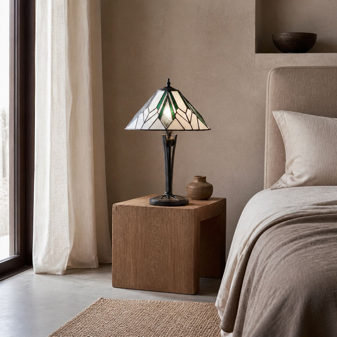 TF Astoria Art Deco Stained-Glass Table Lamp – Bevelled & Iridescent Shade for Bedroom or Living Room