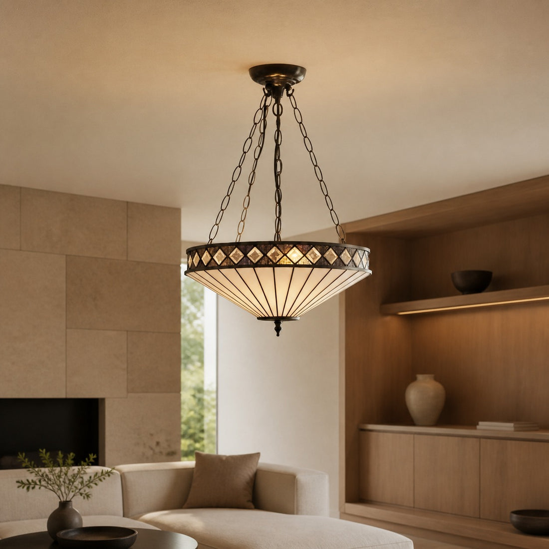 TF Fargo Adjustable Pendant with Stained-Glass Inspired Inverted Shade for Island and Dining
