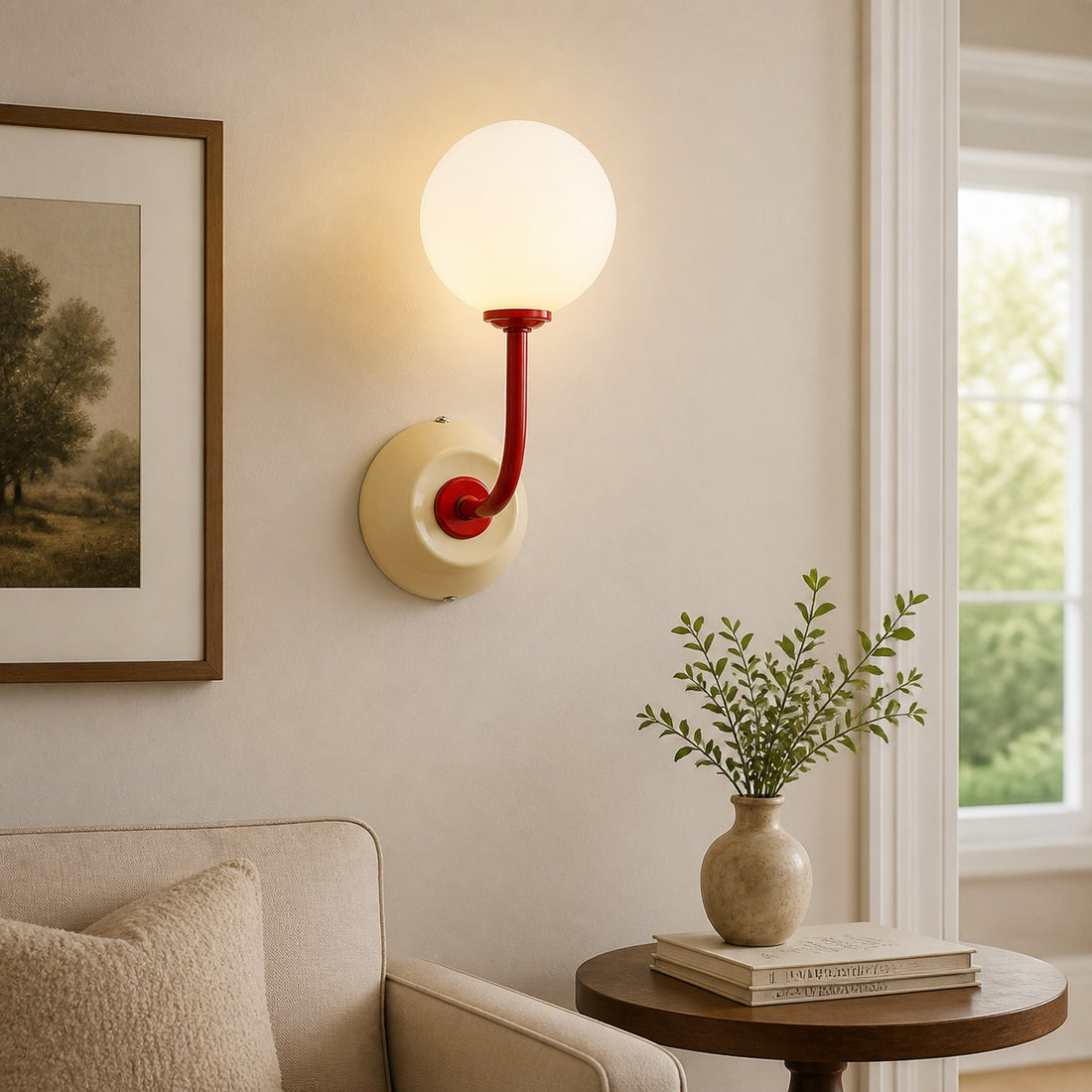 Luma Off-White wall sconce in a neutral living room