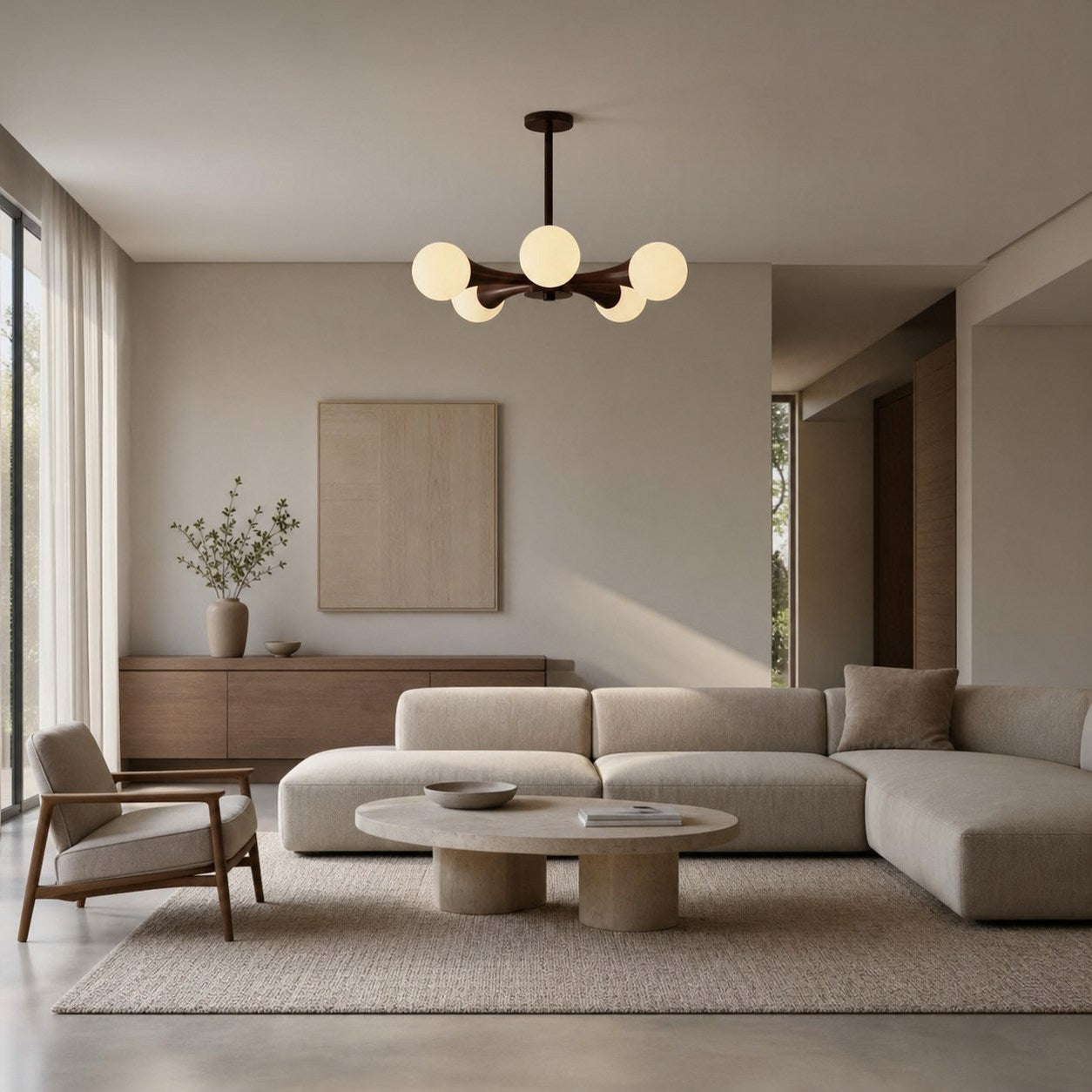 Novalune Multi-Light Glass Globe Chandelier with Wood Frame - Japanese Zen Style for Living Room
