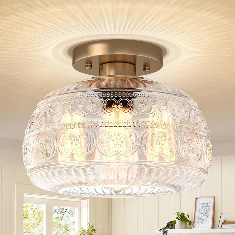Vintage Glass Semi Flush Mount Ceiling Light with Flora Engraved Pattern