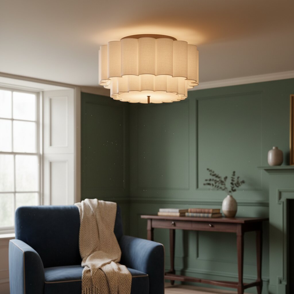 Linbron Flush Lighting - Scalloped Linen Shade and Bronze Finish Modern Ceiling Light for Dining Room