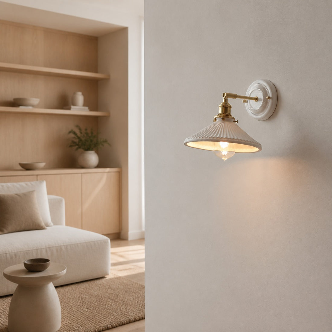 Vintage Japanese Ceramic Brass 1-Light Wall Sconce Lamp