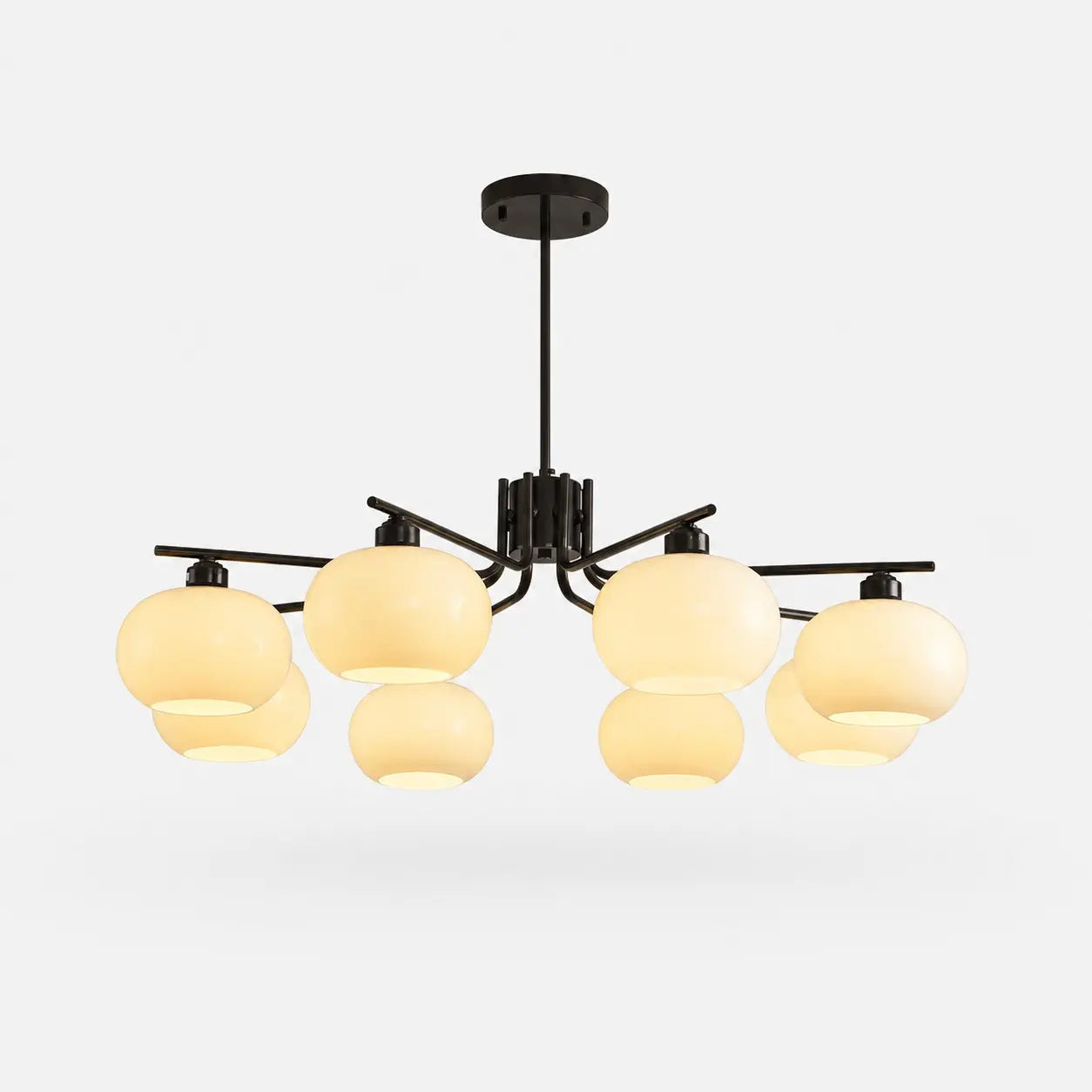 Solid brass black eight-light milk glass chandelier