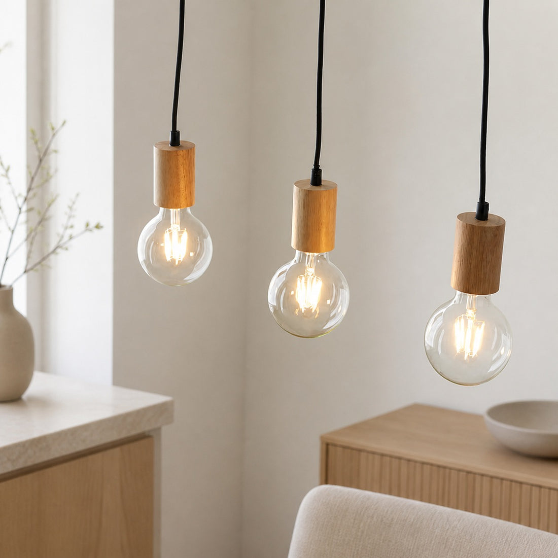 Virell Adjustable Linear Ceiling Light – 3‑Bulb Wooden and Metal Design for Kitchen Island or Office