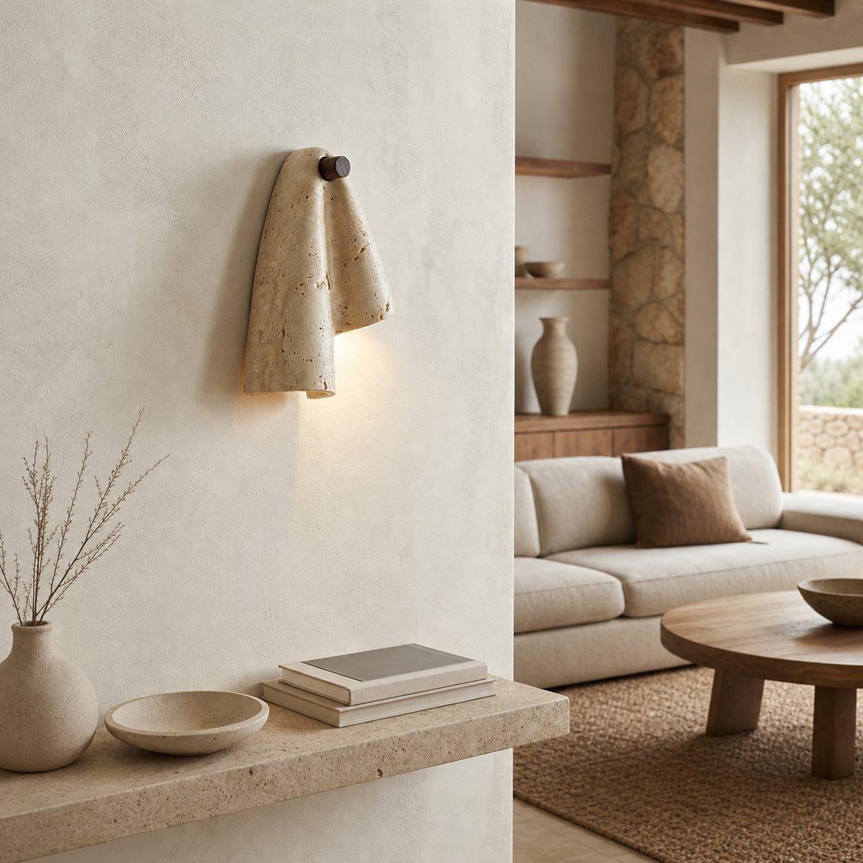 Travertine Wall Lamp – Minimalist Stone Sconce Decorative Lighting for Living Room