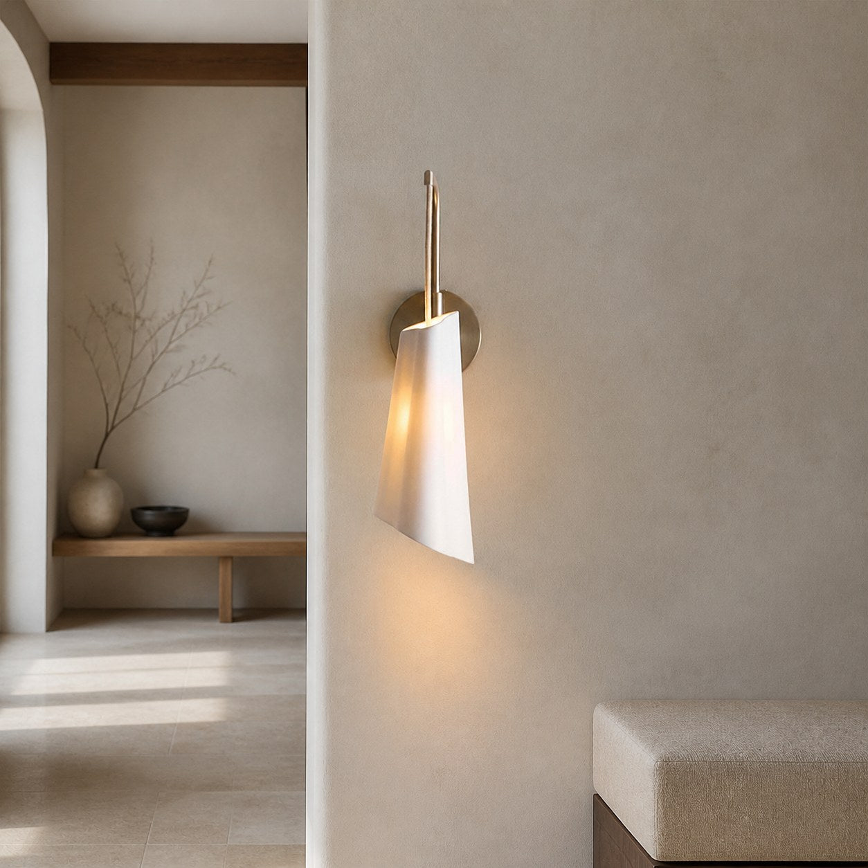 Orovia Sleek Wall Sconce – Ceramic Glass & Metal Champagne Brass