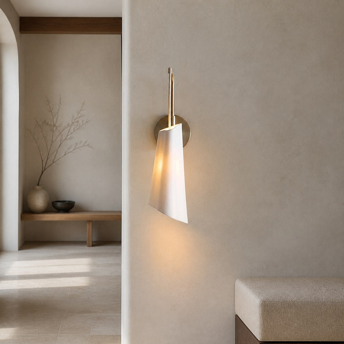 Orovia Sleek Wall Sconce – Ceramic Glass & Metal Champagne Brass