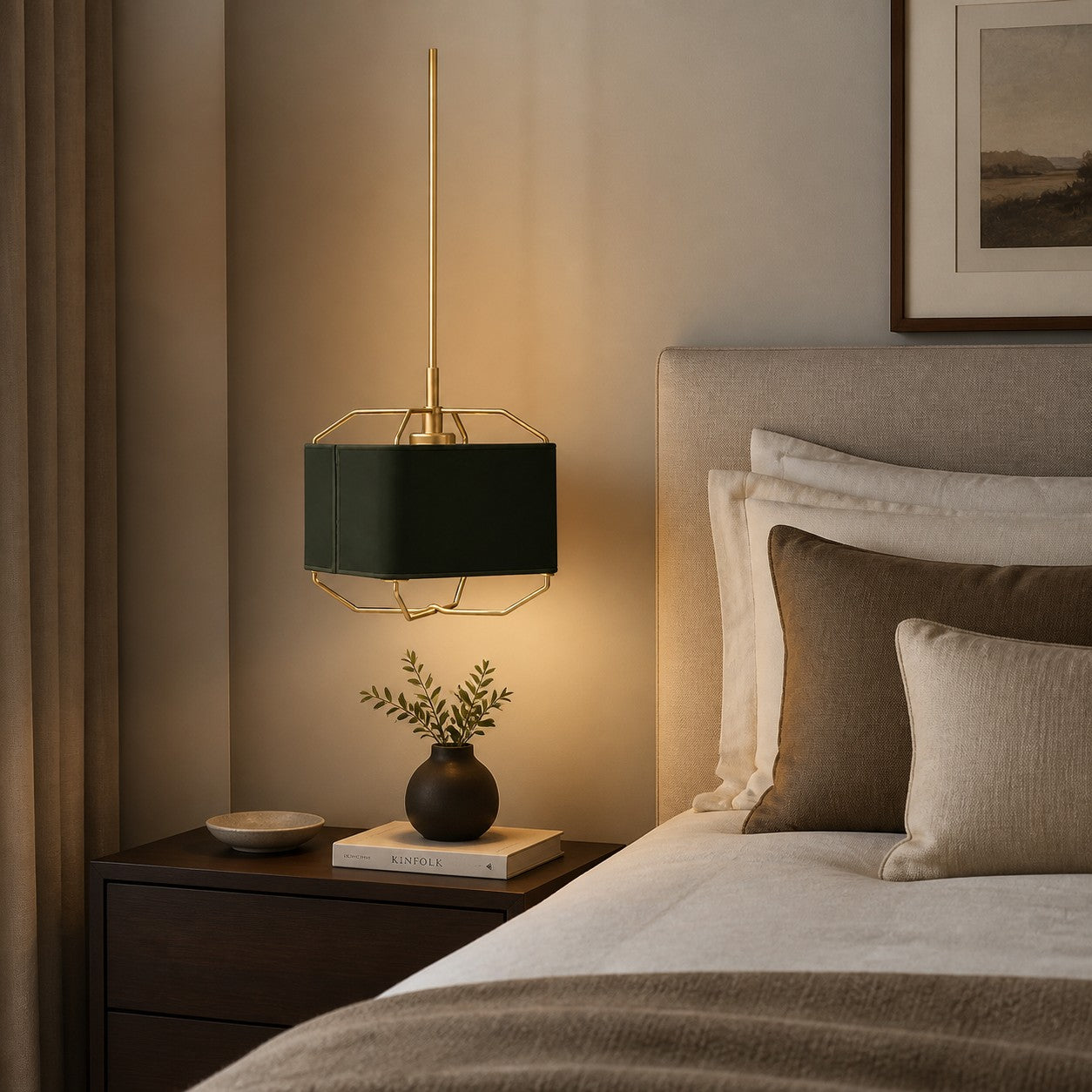 Dark green leather pendant lamp beside a bed