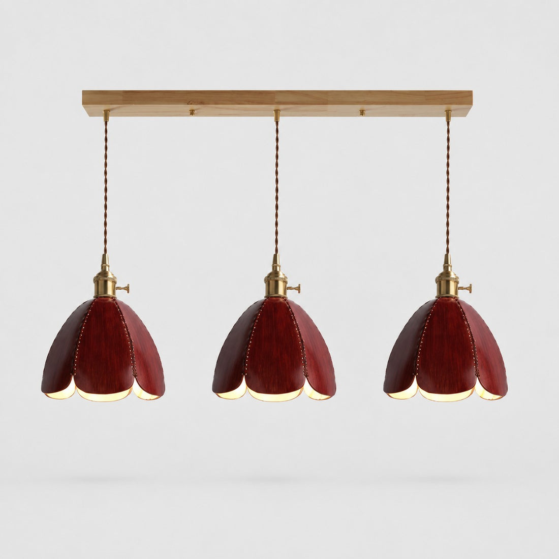 Three-light brown leather linear pendant