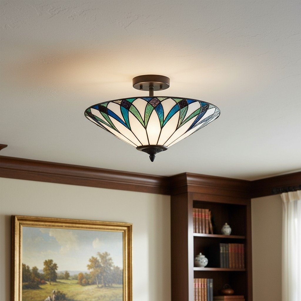 TF Allanton Tiffany Semi Flush Ceiling Light – Art Nouveau Patterned Shade for Living or Dining