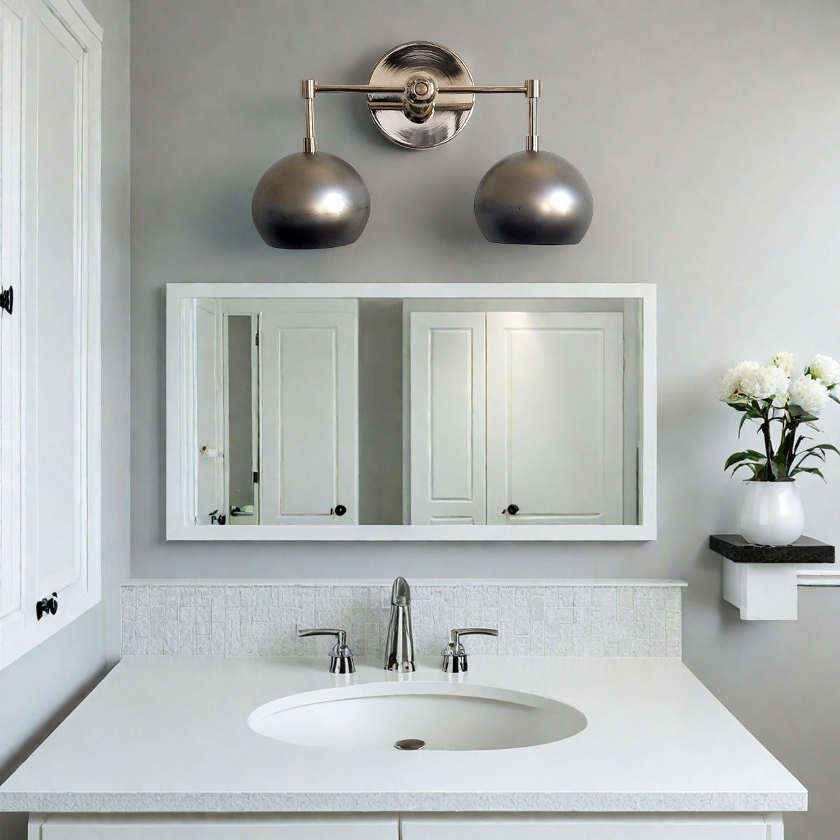 Steel Wall Sconce - Double Head Metal Silver Vanity Bathroom Wall Lamp