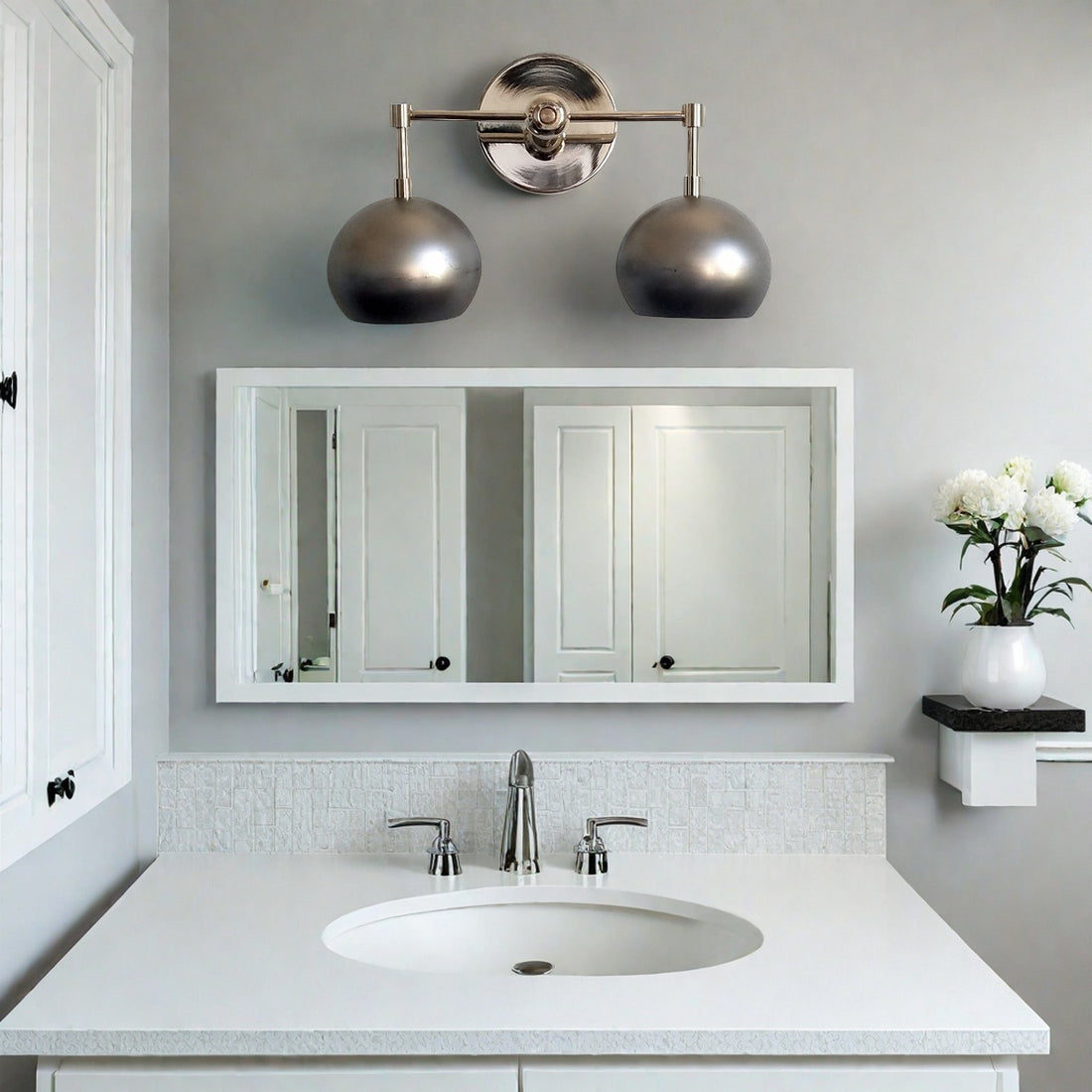 Steel Loa Wall Sconce - Double Head Metal Silver Vanity Bathroom Wall Lamp