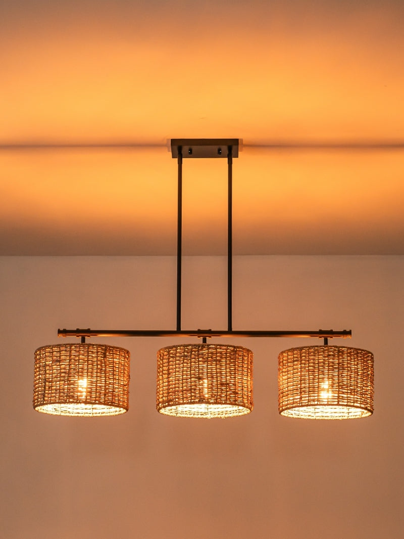 3 Light Rustic Drum Hand Woven Rattan Pendant Light