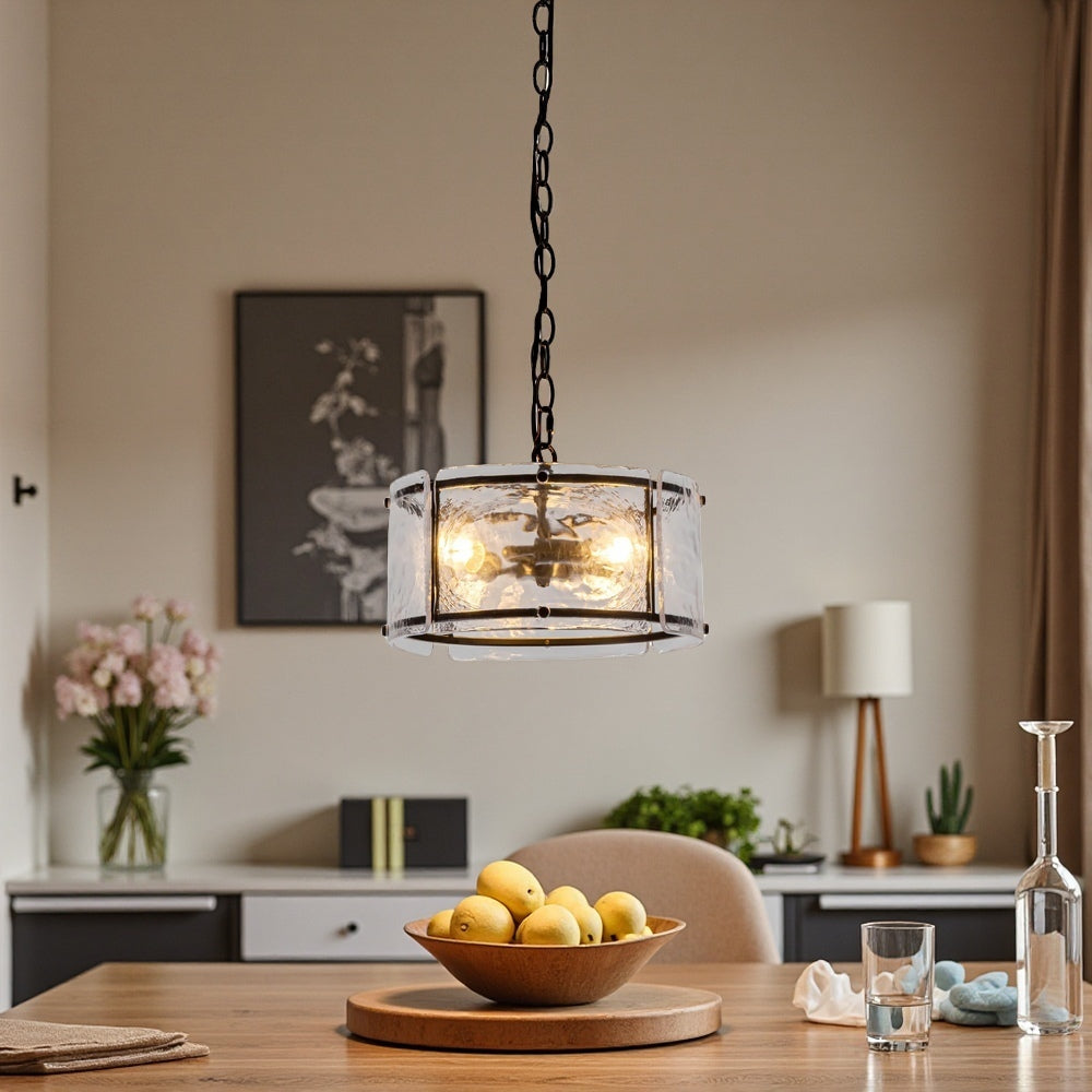 Water Ripple Drum Pendant Light - Matte Black Clear Glass 3-Light Chandelier