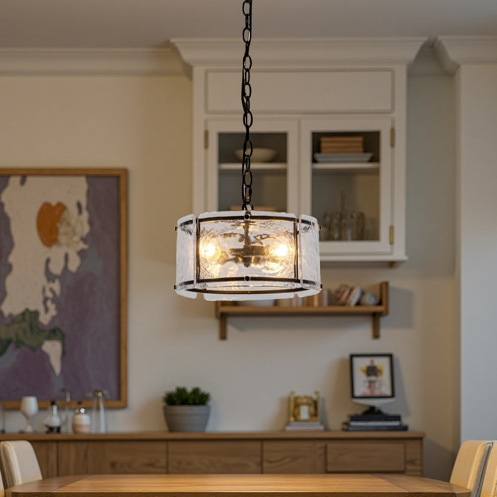 Water Ripple Drum Pendant Light - Matte Black Clear Glass 3-Light Chandelier