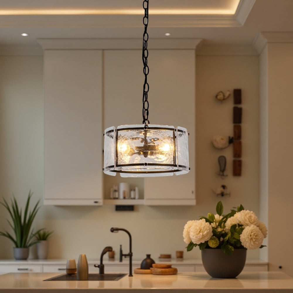 Water Ripple Drum Pendant Light - Matte Black Clear Glass 3-Light Chandelier