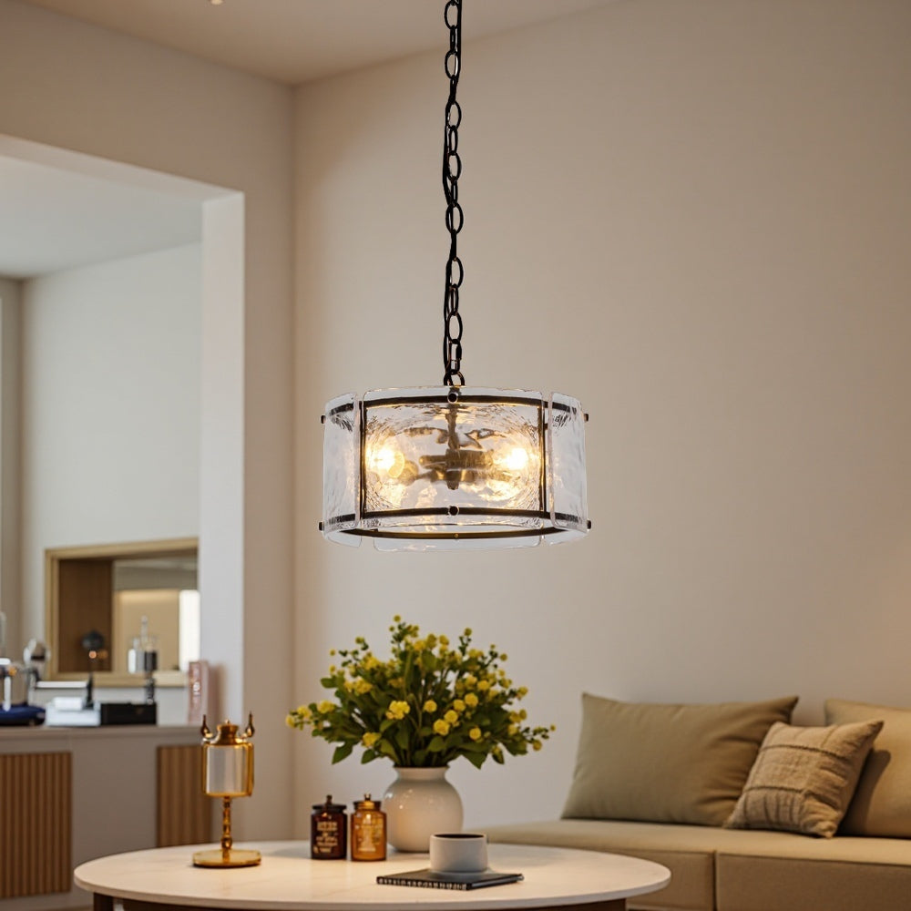 Water Ripple Drum Pendant Light - Matte Black Clear Glass 3-Light Chandelier