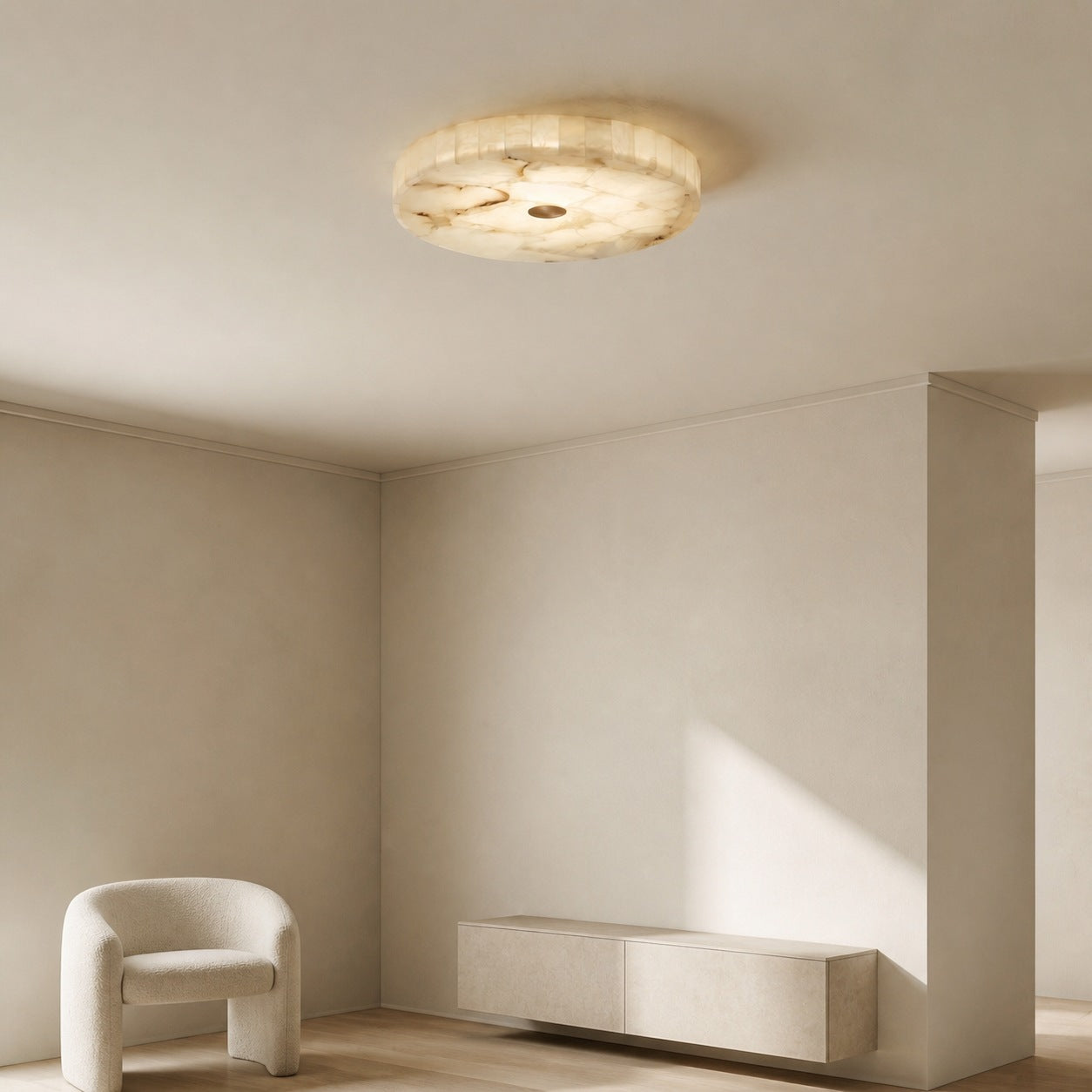 AlbaSphere Modern Round Ultra Thin Ceiling Lamp - Alabaster Contemporary Home Lighting