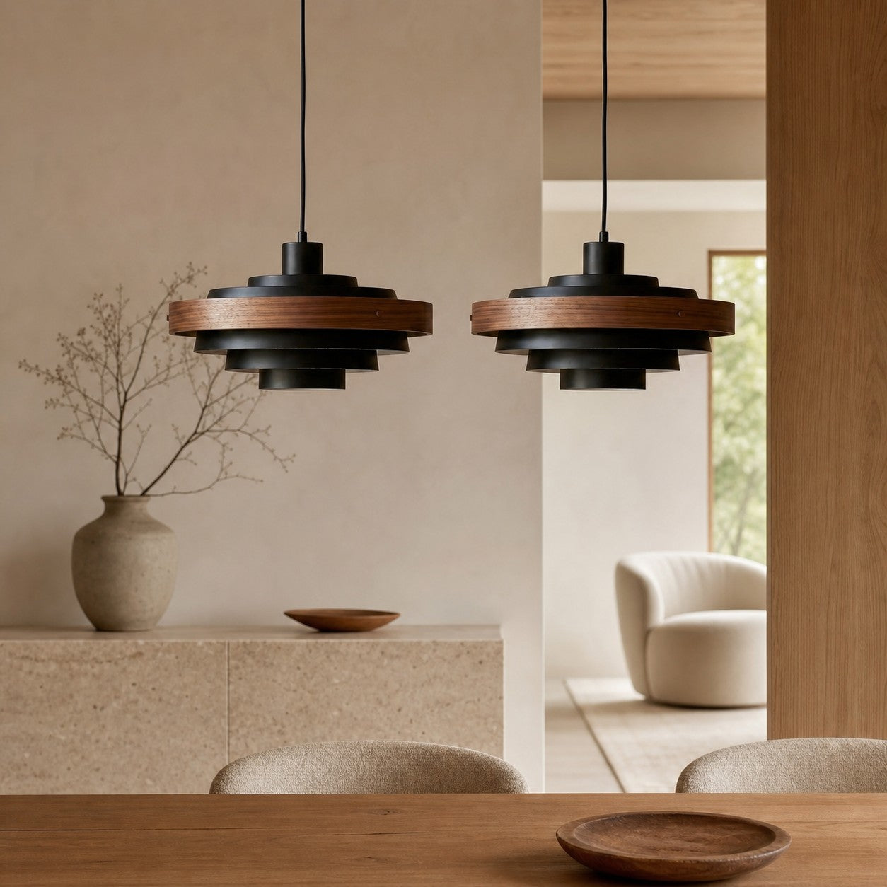 Layervelle Contemporary Tiered Pendant Light – Sculptural Wood and Metal Hanging Lamp for Living Spaces