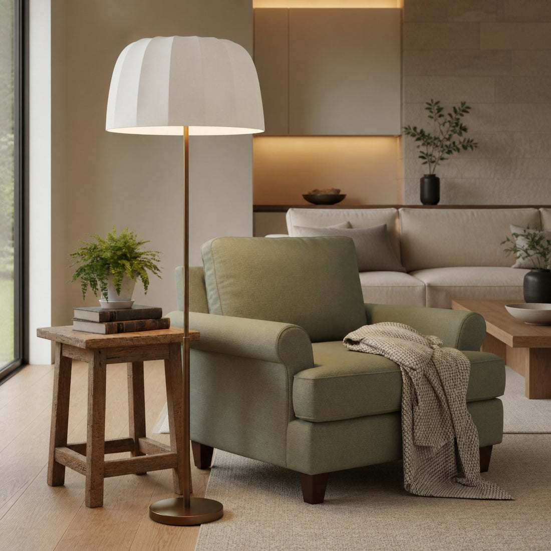 Vellaro Brass Floor Lamp with Fabric Shade – Modern Standing Light for Living Room or Bedroom