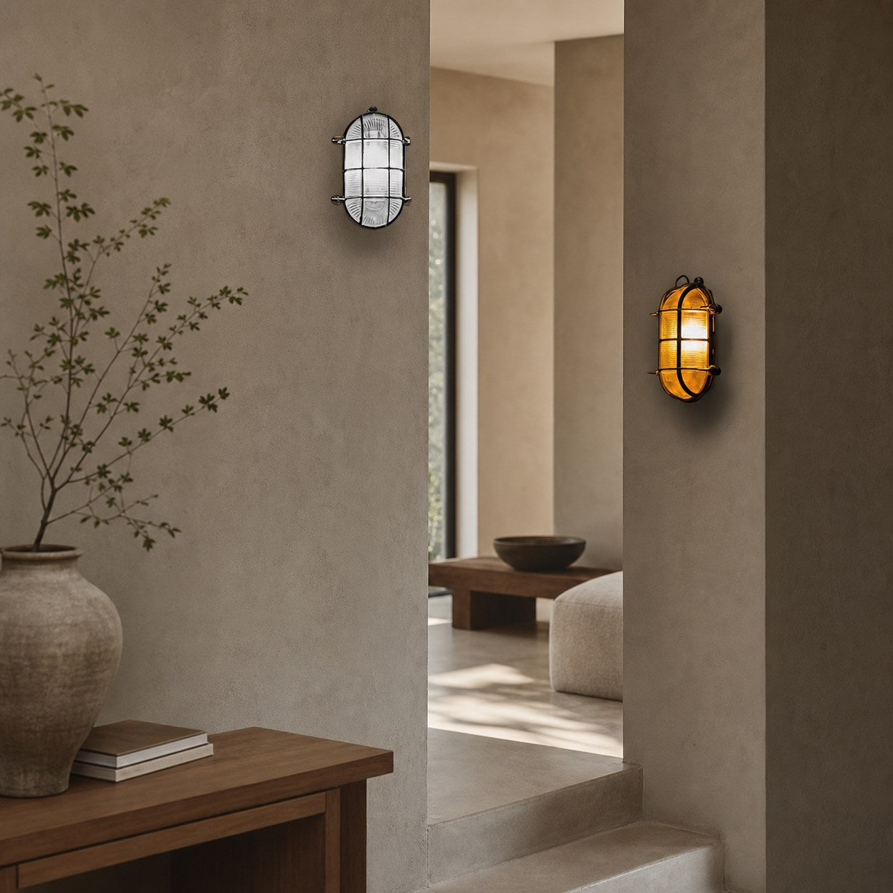 Ivoran Bulkhead Wall Sconce - Brass Caged Glass Vintage Industrial Light for Outdoor and Bathroom