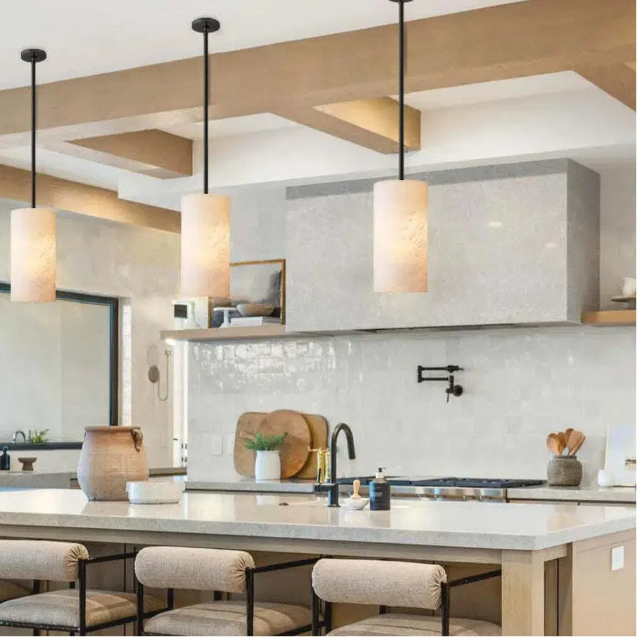 Hand Carved Alabaster Cylinder Pendant Light