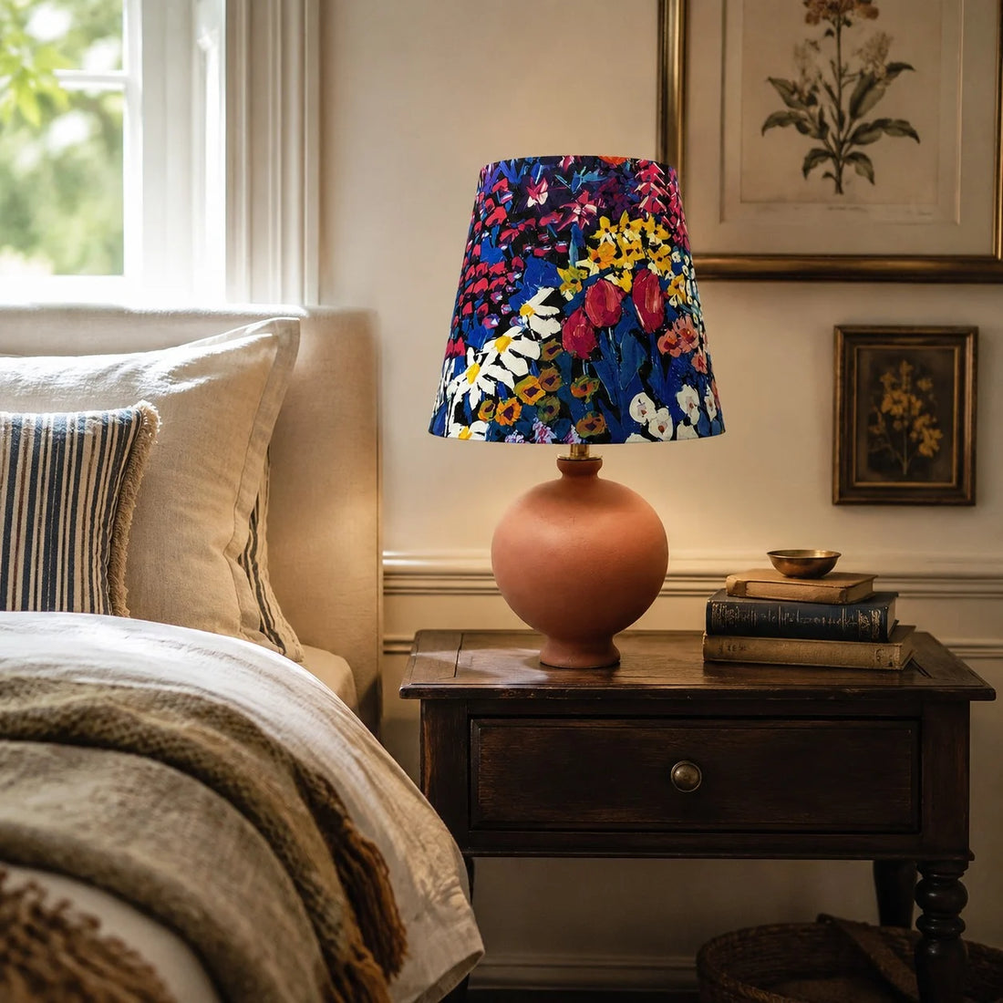Painter floral table lamp styled in a bedroom