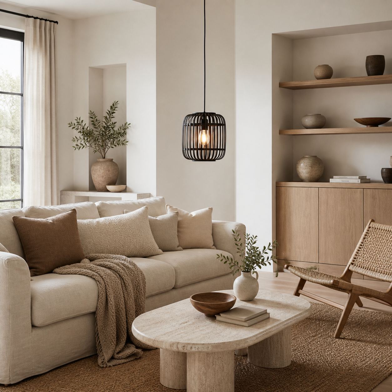 Yumeko Adjustable Bamboo Pendant Lamp - Natural Cage Ceiling Light Perfect for Living & Dining Rooms