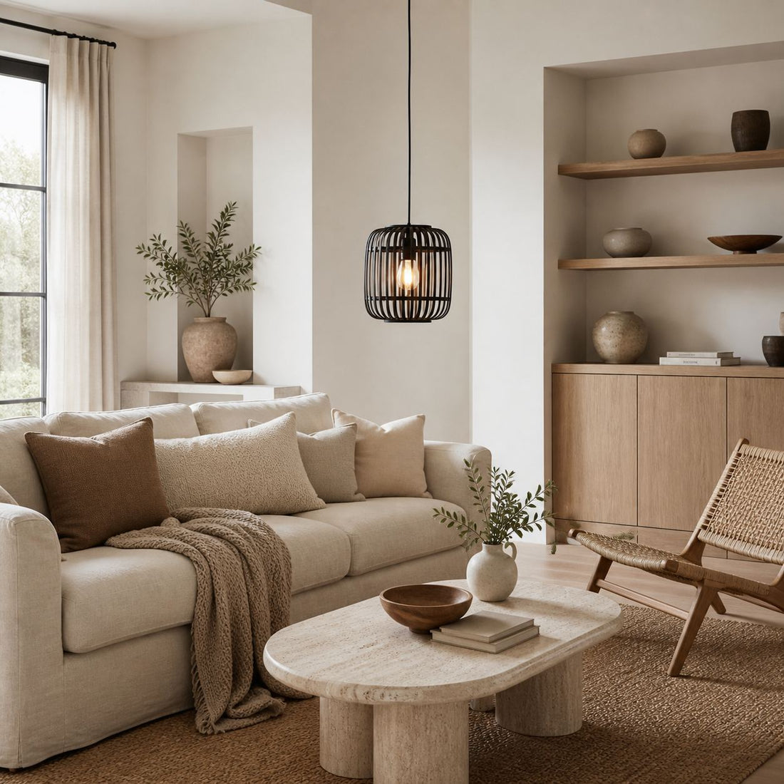 Yumeko Adjustable Bamboo Pendant Lamp - Natural Cage Ceiling Light Perfect for Living & Dining Rooms