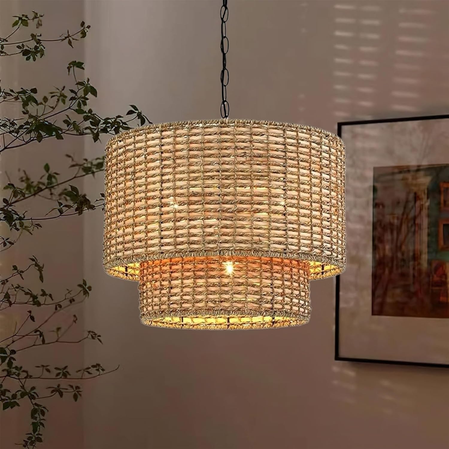 Natural Rattan Double Drum Pendant Light With Black Canopy