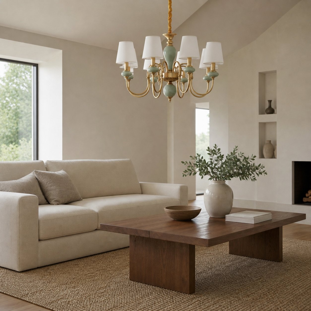 Altoris Series Branch Chandelier with Fabric Shades – Brass Ceramic Chandelier for Living Room