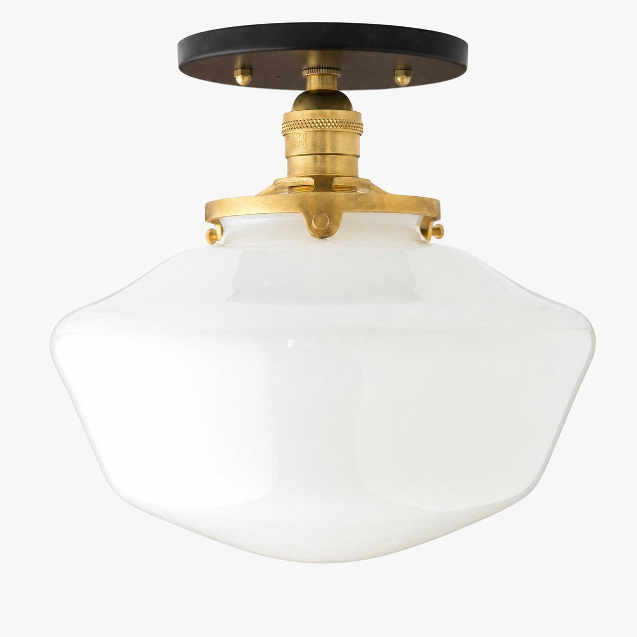 Geotower Glass Brass Ceiling Light - Opal Glass Schoolhouse Shade - Modern Elegance