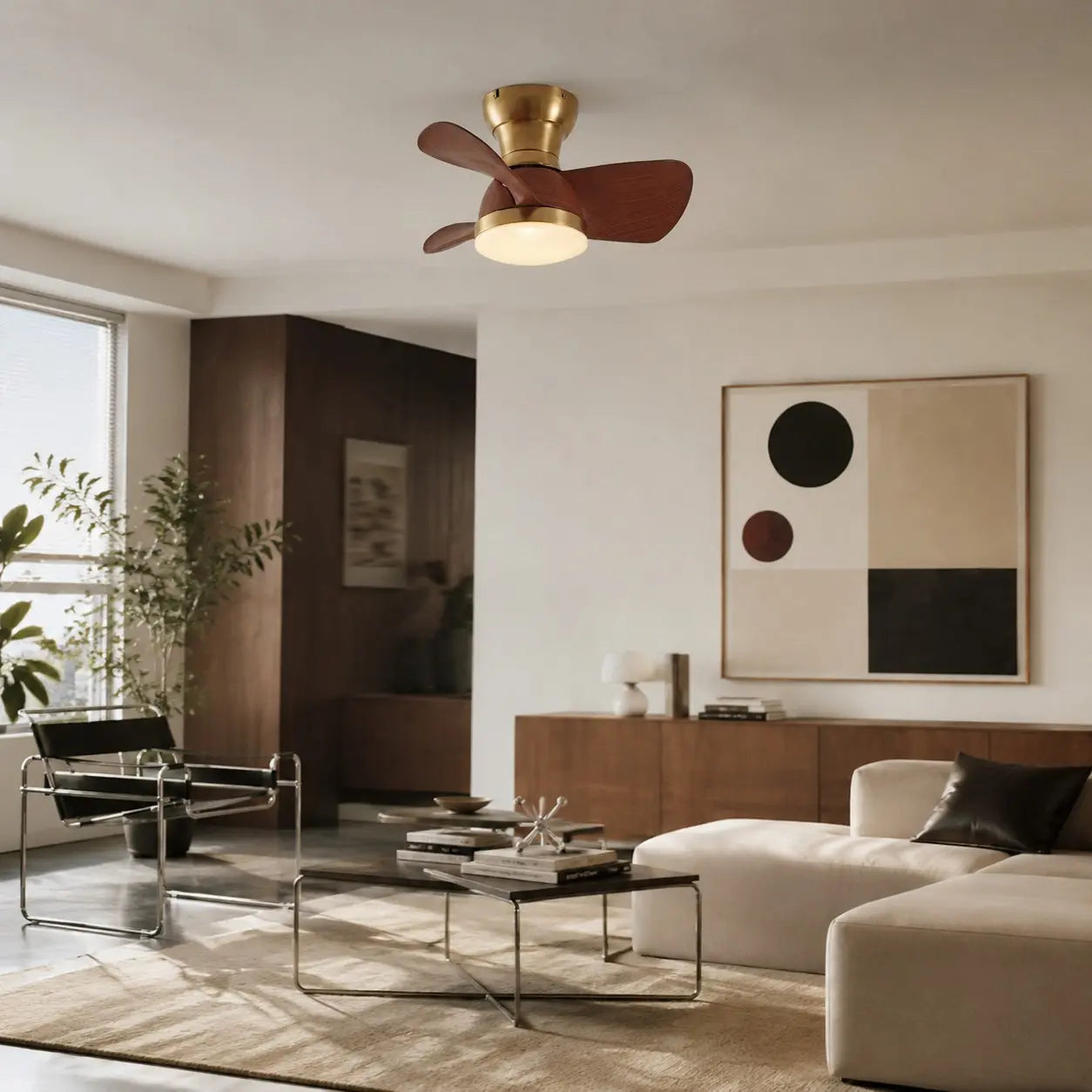 Natural copper ceiling fan light in a modern living room